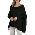 thumbnail image 2 of Women'S V-Neck Batwing Sleeve Casual Fringed Hem Oversized Knit Poncho Sweater Black S/M, 2 of 9
