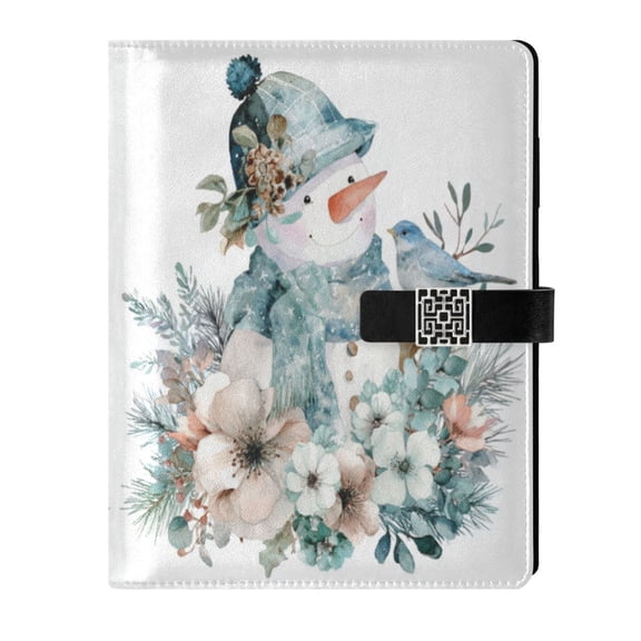 Leather Notebook with Pen Holder Writing Notepad Includes 100 Pages Lined Journal Snowman with Flowers Bird