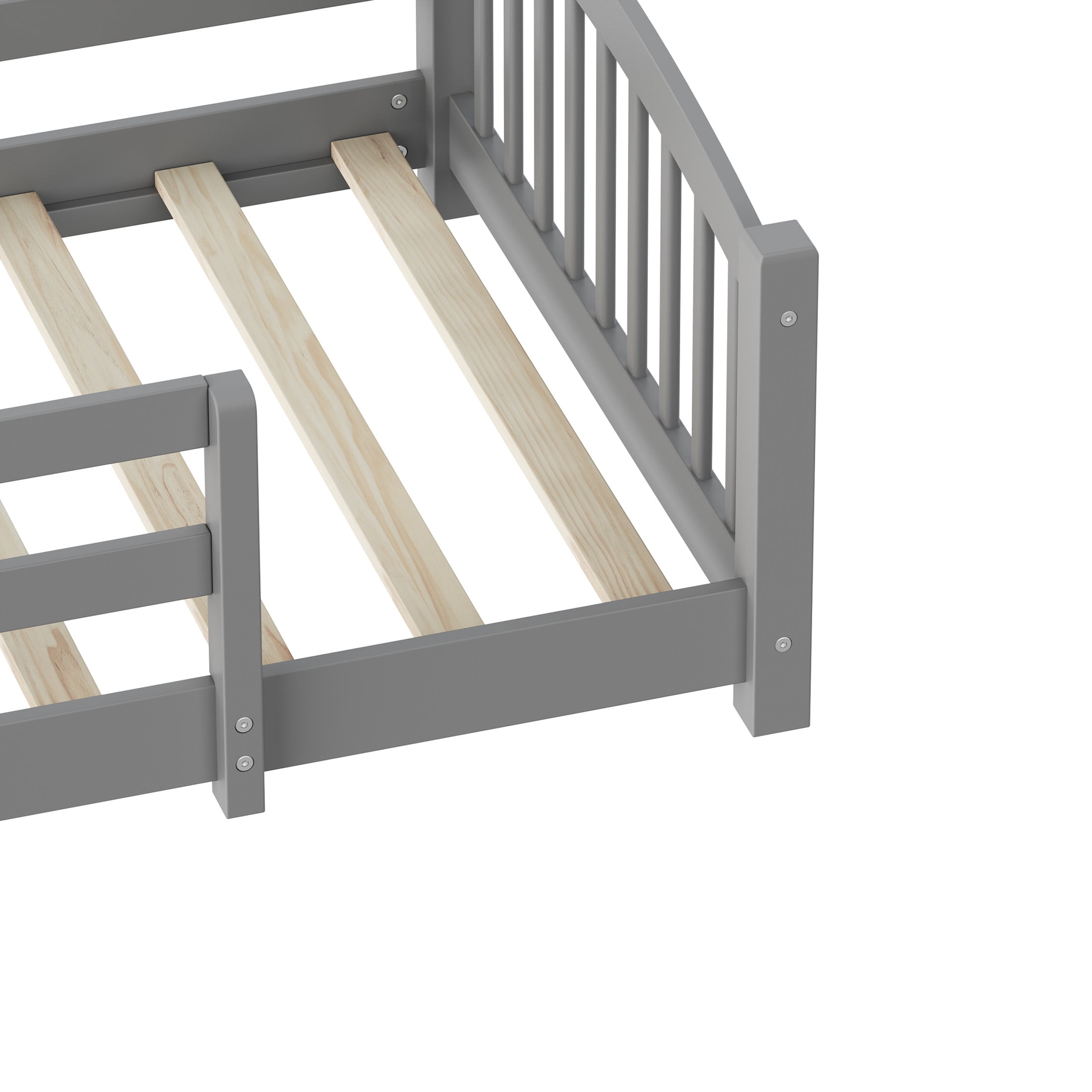 Noble House Twin Floor Bed with Slats, Safety Guardrails, Solid Wood Frame, Gray
