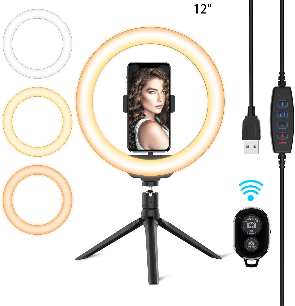 Compatible with iPhone/Android 5 Desktop Selfie Ring Light with Tripod Stand & Cell Phone Holder 3 Light Modes Double LED Ring Light for YouTube Video/TikTok/Live Stream/Makeup/Photography 