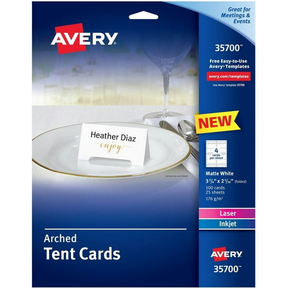 Avery; Laser, Inkjet Tent Card - White - 97 Brightness - 3 3/4" x 2 1/16" - 65 lb Basis Weight - 176 g/m² Grammage - Matte - 5 / Pack - FSC Mix | Bundle of 5 Packs