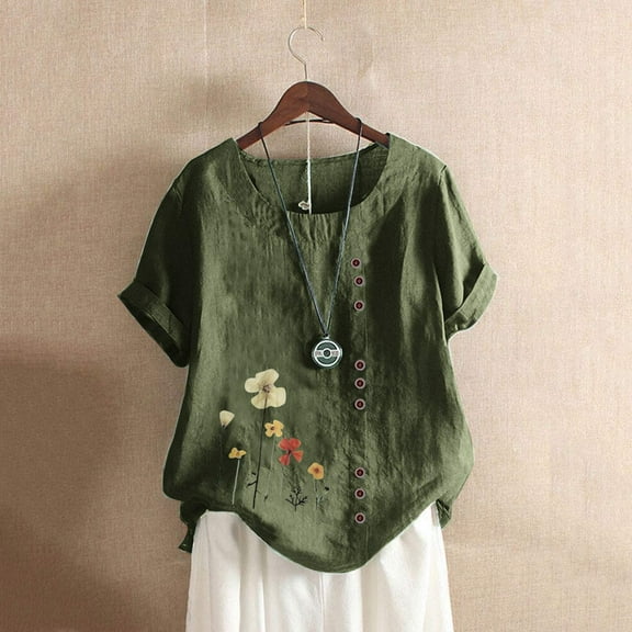 CALAFEBILA Summer Shirts for Women Cotton Linen Blouses for Women Plus Size,Women's Fashion Floral Print Blouse Summer Short Sleeve Crew Neck Button Plus Size Tops for Women 2025