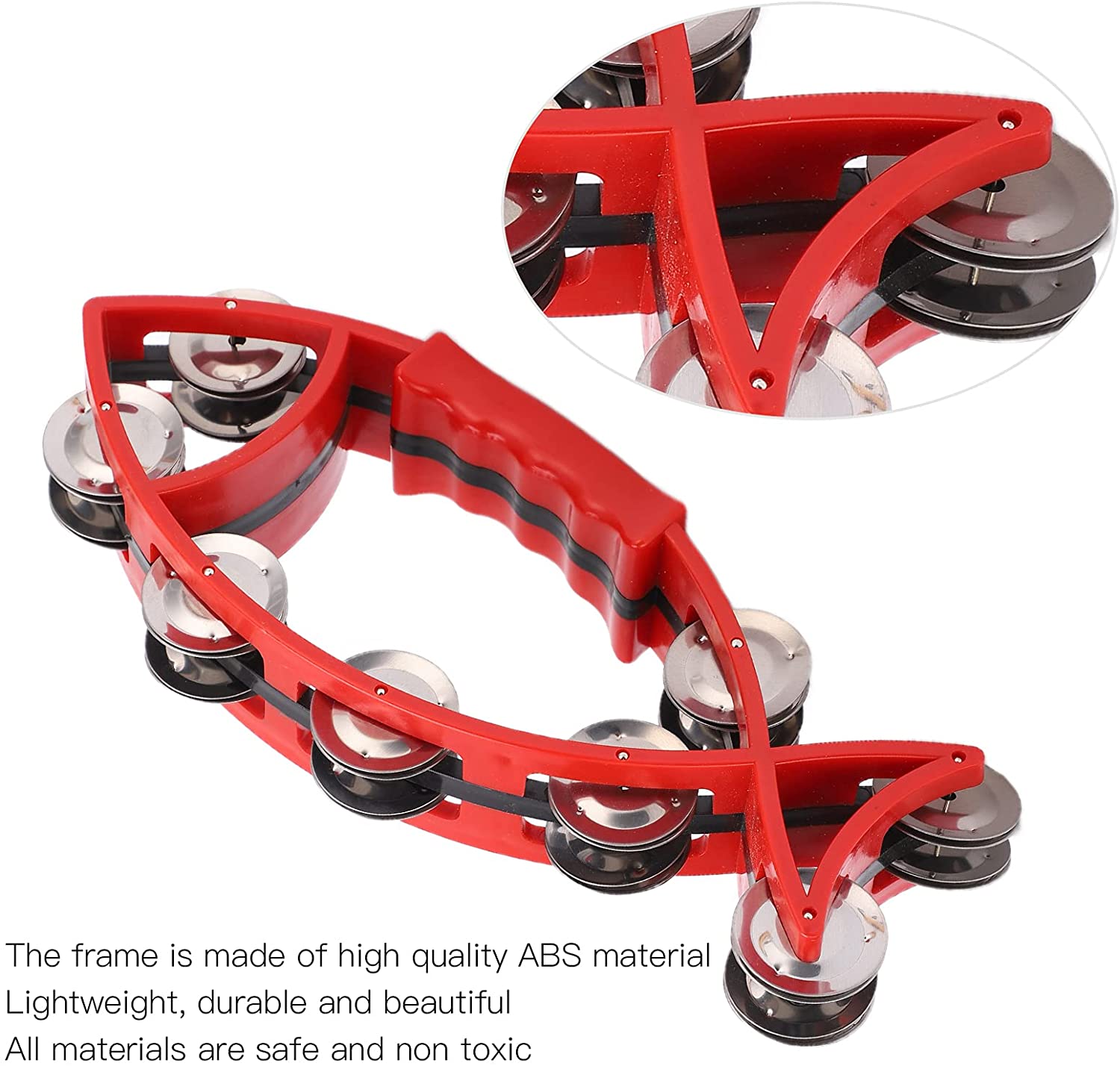 ABPETE Fish Shaped Hand Bell Hand Tambourine Bells Hand Shaking Percussion Musical Rhythm Instruments Smooth Fish Shaped Double Row Tambourines(Red)