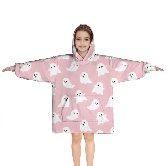 Pink Halloween Ghosts Blanket Hoodies for Kids 6-13YR Oversize Wearable Blanket Hoodies for Boys Girls Teens