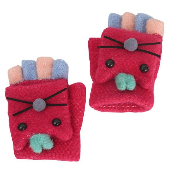 Knitted Gloves Kids Warm Cycling Gloves for Girls Red Cat Design Half Finger with Cover 1 Pair