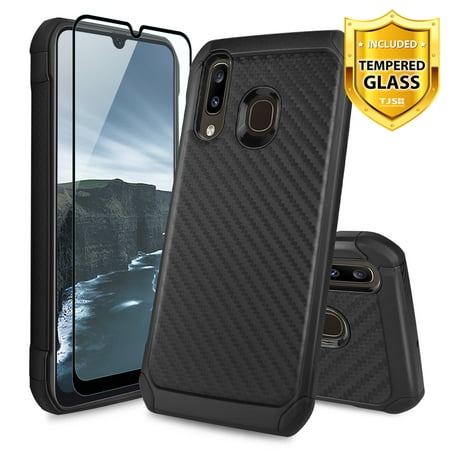 TJS Phone Case for Samsung Galaxy A50/A30/A20, with [Full Coverage Tempered Glass Screen Protector] Dual Layer Hybrid Shock Absorbing Carbon Fiber Back Hard TPU Inner Layer