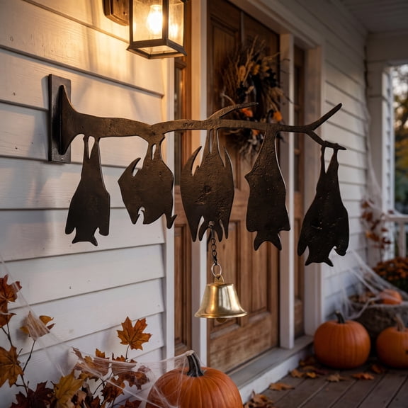 Aonerit 8 Inch Hanging Upside-Down Bats Ornament, Bells Spooky Halloween Hanging Decor, Indoor Outdoor Party Decoration, Tree Porch Accent, Holiday Home Ornament
