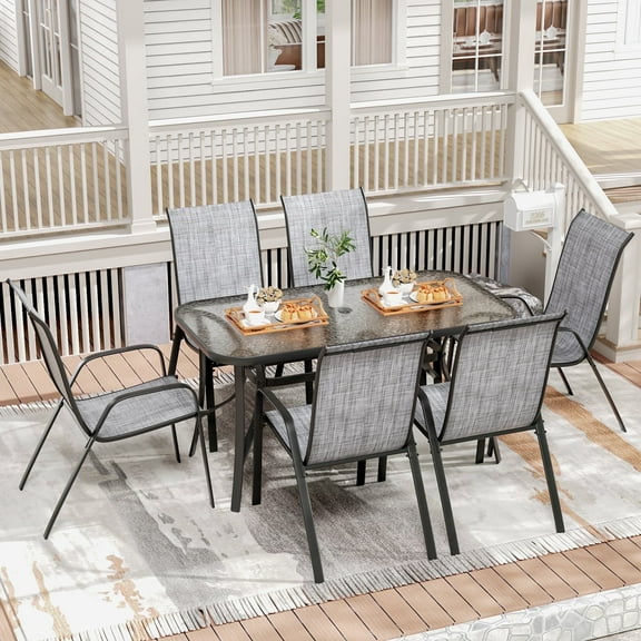 Pirecart Outdoor Table and Chair Set of 7, Textilene Patio Furniture Set Suitable for All Weather with Umbrella Hole, for Backyard Poolside, Gray