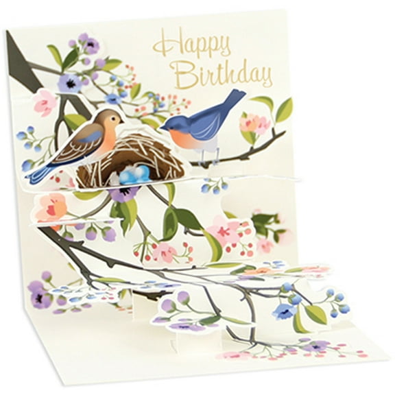 Up With Paper Birds and Nest on Flowering Branches 3-Inch Mini 3D Pop-Up Birthday Card
