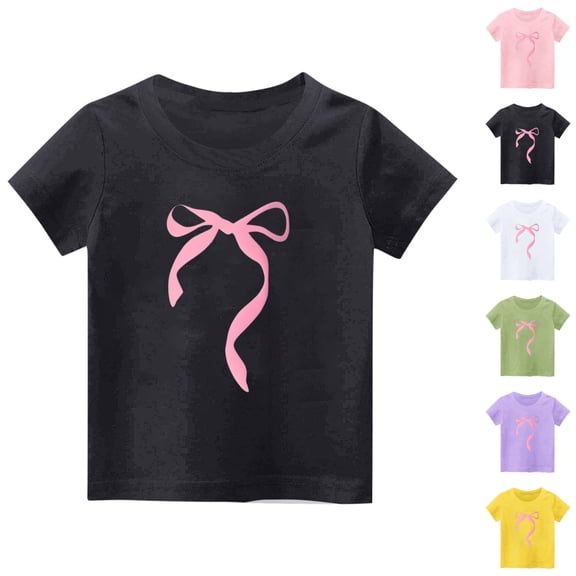 SGFCWSX Girls Crew Neck Short Sleeve T-Shirt, Teens Cotton Soft Bow Print Tees Casual Everyday Outfit Black Size 13-14 Years