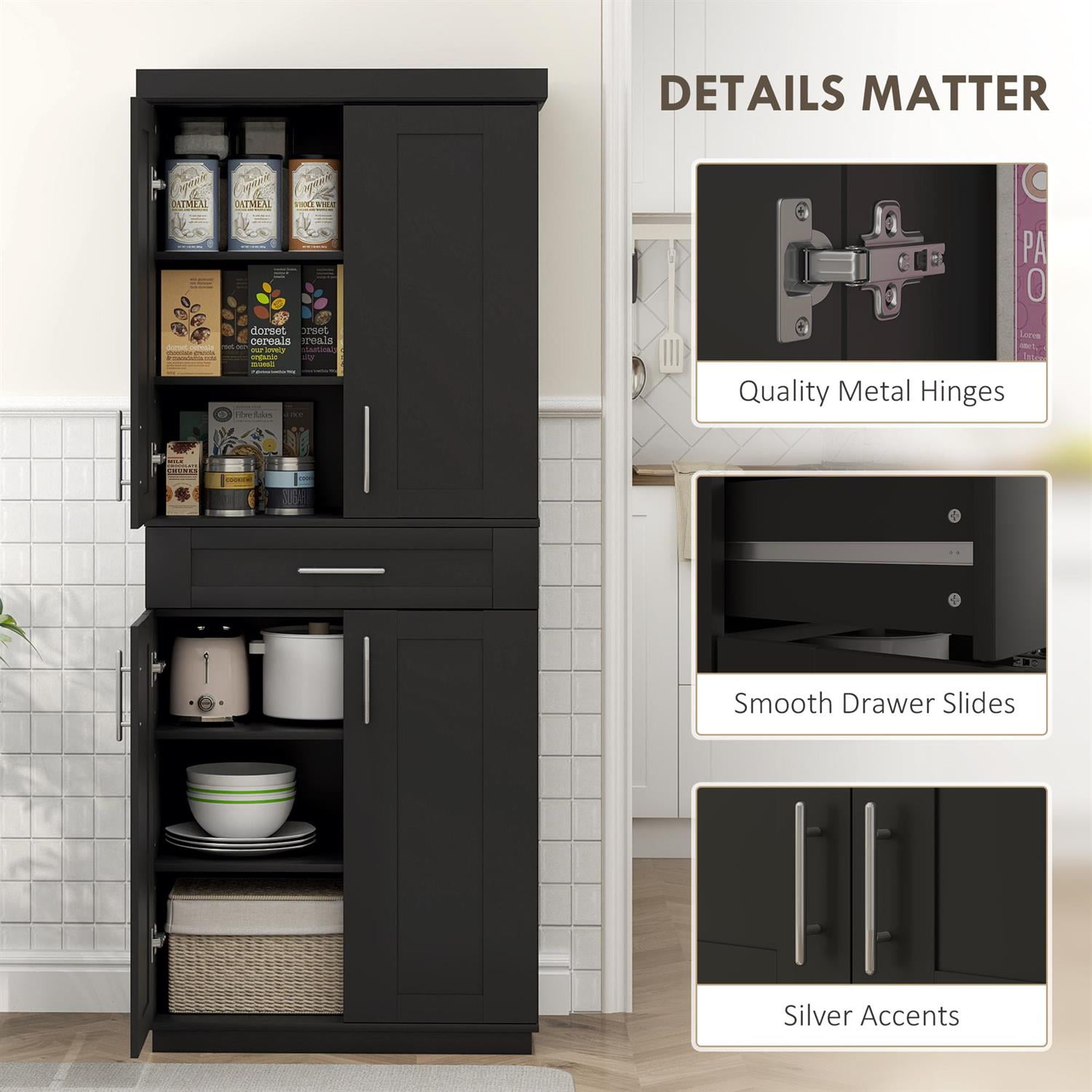 Demi Bonn 72" Modern Kitchen Freestanding Pantry Cabinet with Adjustable Shelves, Doors and Drawer, Storage Solution for Home Use, Black
