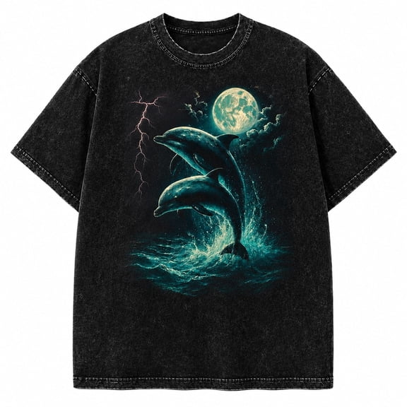 Moonlit Dolphins Ocean Graphic Washed T-Shirt, Unisex Classic Fit, 100% Heavyweight Cotton, 180 GSM