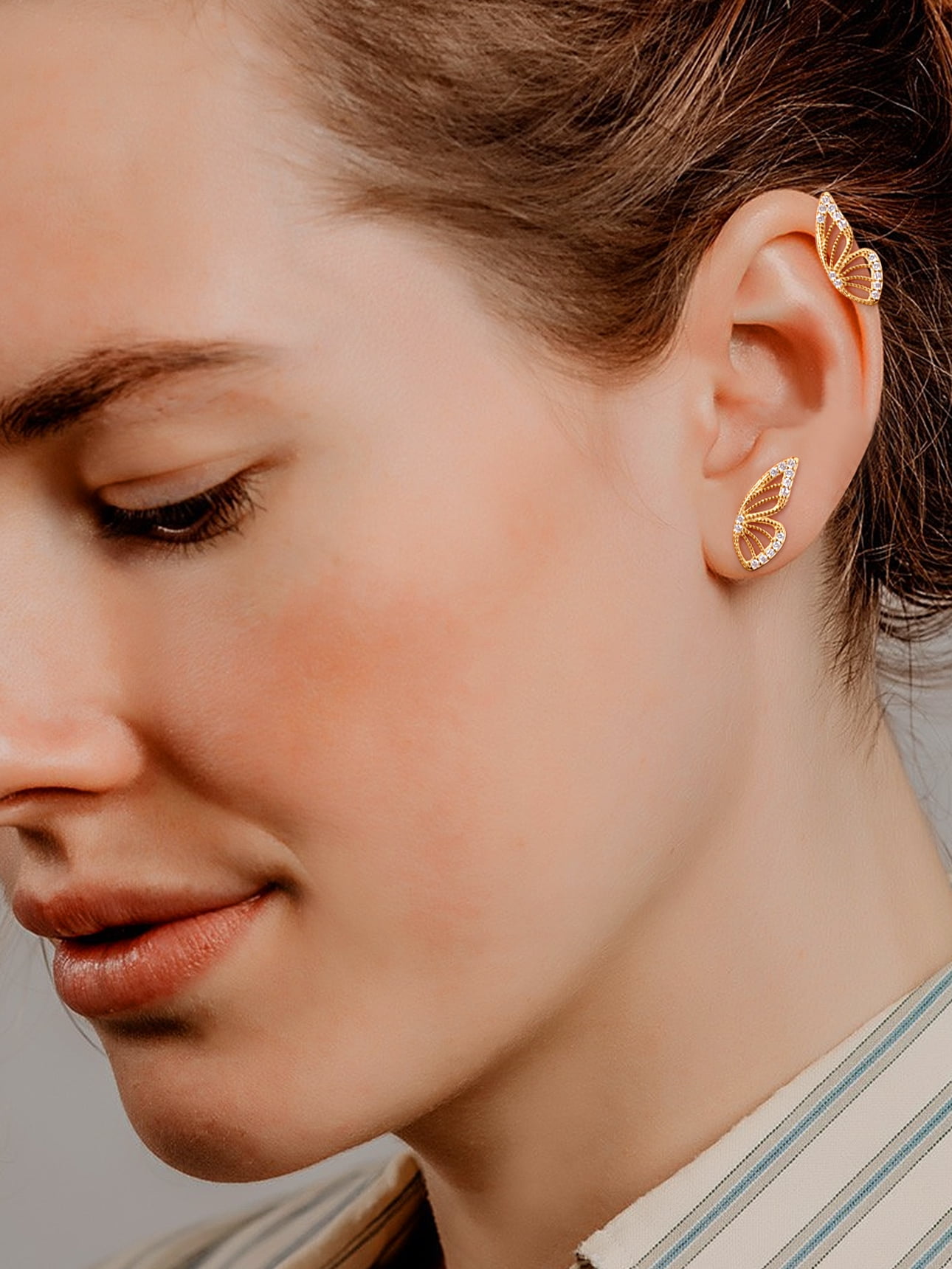 Suplight 925 Sterling Silver Zircon Edge Half Butterfly Stud Earrings, Dainty Butterfly Earrings for Women