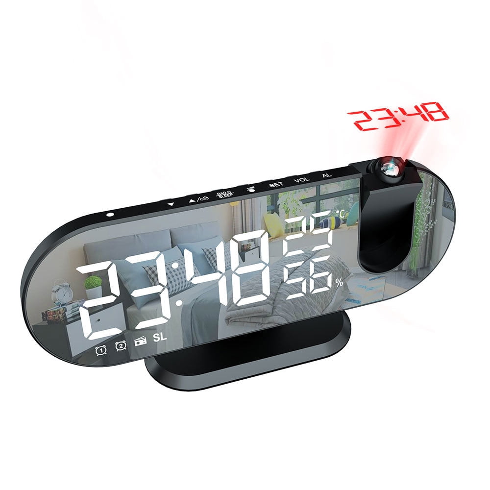 Projection Digital Alarm Clock, LED Mirrored Bedside Clocks Radio with