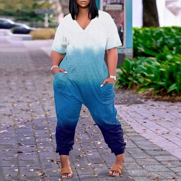 Vedolay Jumpsuit for Women Short Sleeve V Neck Casual Long Wide Leg Pants,Blue 3XL