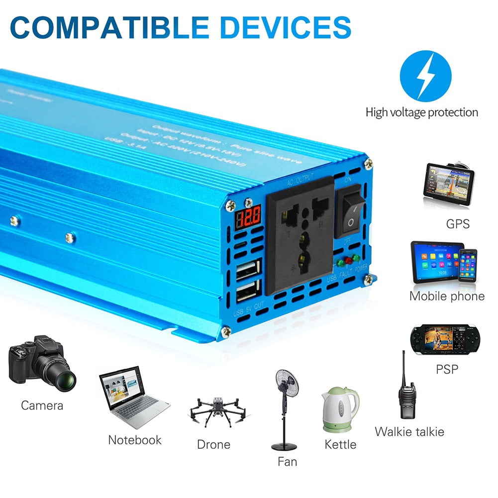 DAMIFU Pure Sine 12-24V 110-220V 50-60Hz 2600W Car Solar Converter Inverter