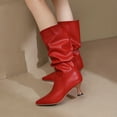 thumbnail image 3 of Rokment Slouchy Stiletto Wide Mid Calf Dress Boots for Women Fashion Casual Denim Leather Pointed Toe Kitten Heel Long Tall Boots Winter Spring Red Size 5.5, 3 of 5
