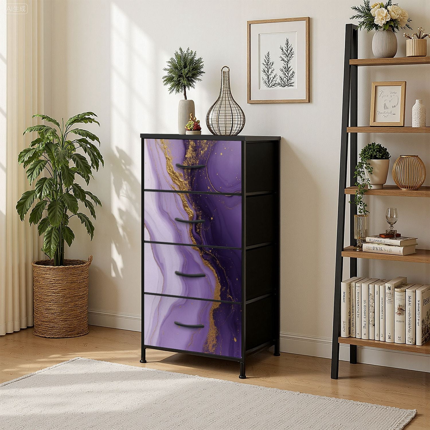 Kanworse 4 Drawer Fabric Dresser for Bedroom Purple marble gold stripes alcohol ink Chests of Drawers for Closet Organizers Storage