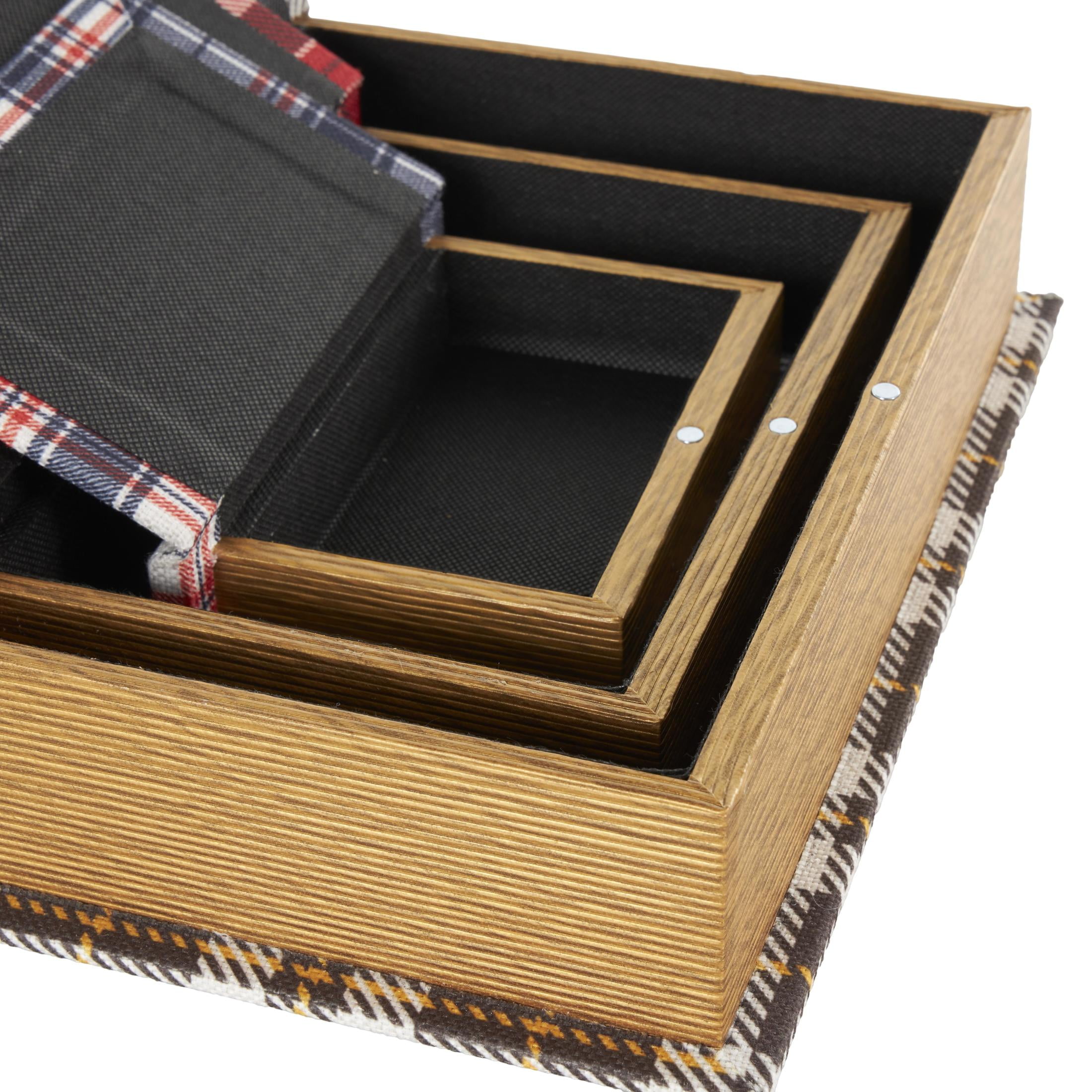 DecMode Geometric Plaid Faux Book Storage Multi Colored Canvas Decorative Box with Red and Blue Accents, 3 Count