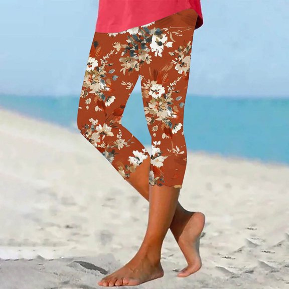 Zysthvn Cropped Casual Capri Pants for Women Yoga Workout Athletic Leggings Running Lightweight Pants Women Gym High Waisted Elastic Waist Floral