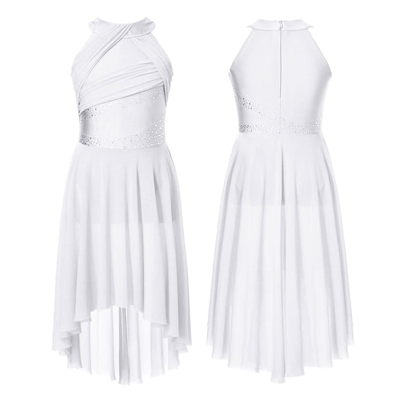 TiaoBug Kids Girls Sleeveless Dance Dress Shiny Rhinestone Lyrical Ballet Leotard Dress Modern Leotard Dancewear White 14