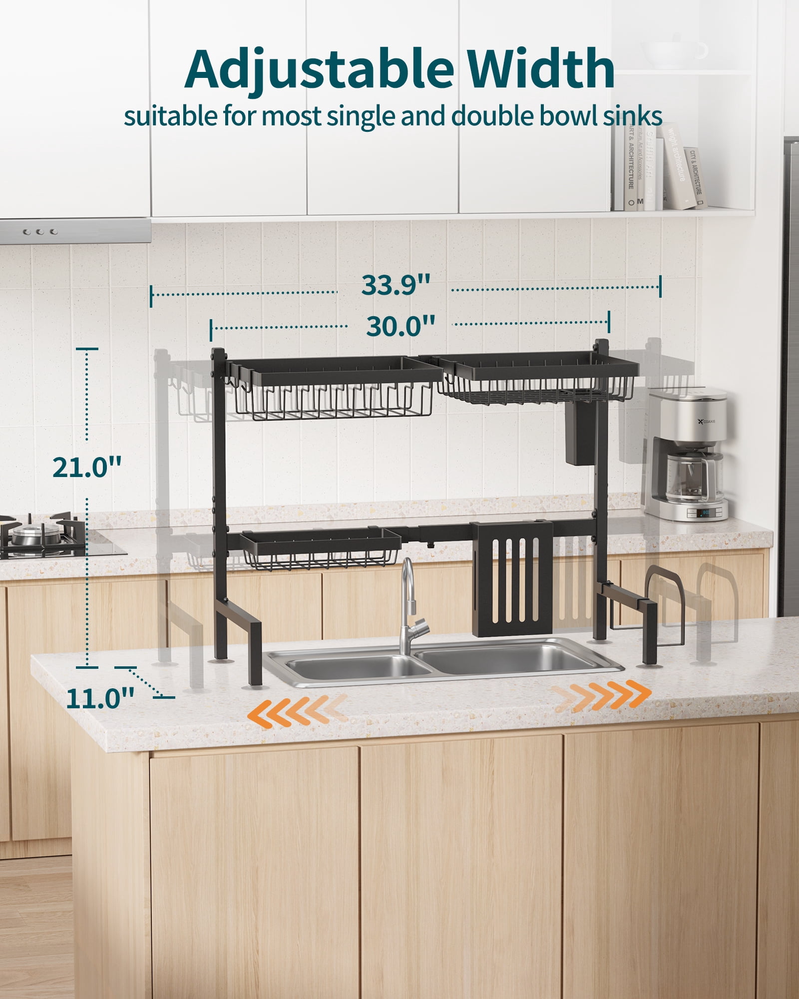 Sakugi Over The Sink Dish Drying Rack, 30" -33.9" L x 11" W x 21" H Expandable Dish Drainer, Stainless Steel Dish Rack, Black