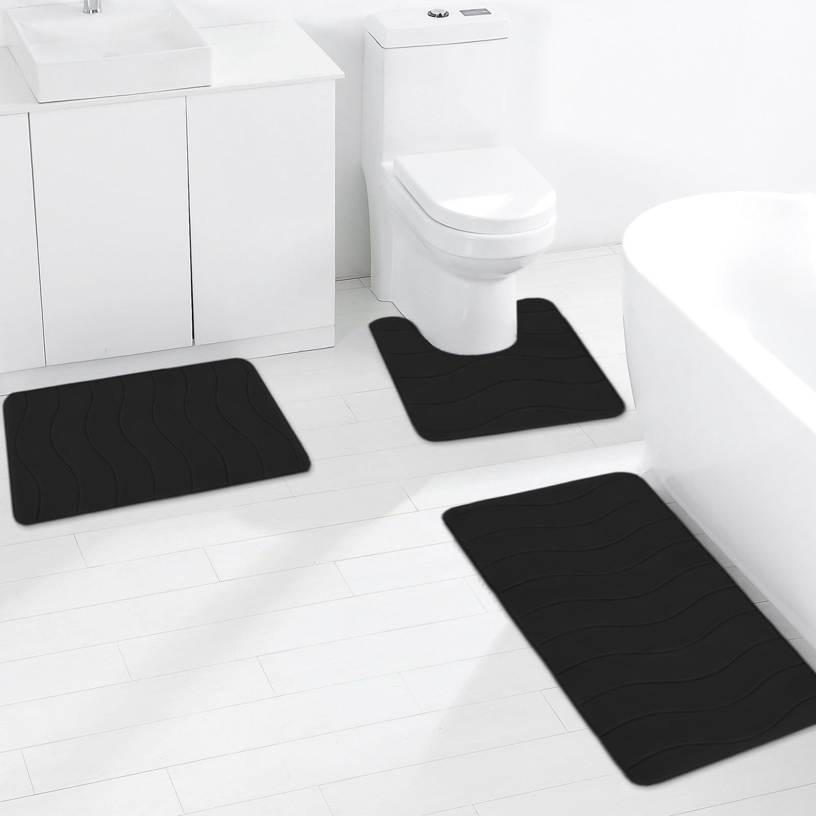 Beautynvta Memory Foam Bath Mat Set, 3 Pieces Quick-Dry Absorbent Bath Mats and U-Shaped Contour Rug for Bathroom, Non-Slip and Soft Comfortable, Black