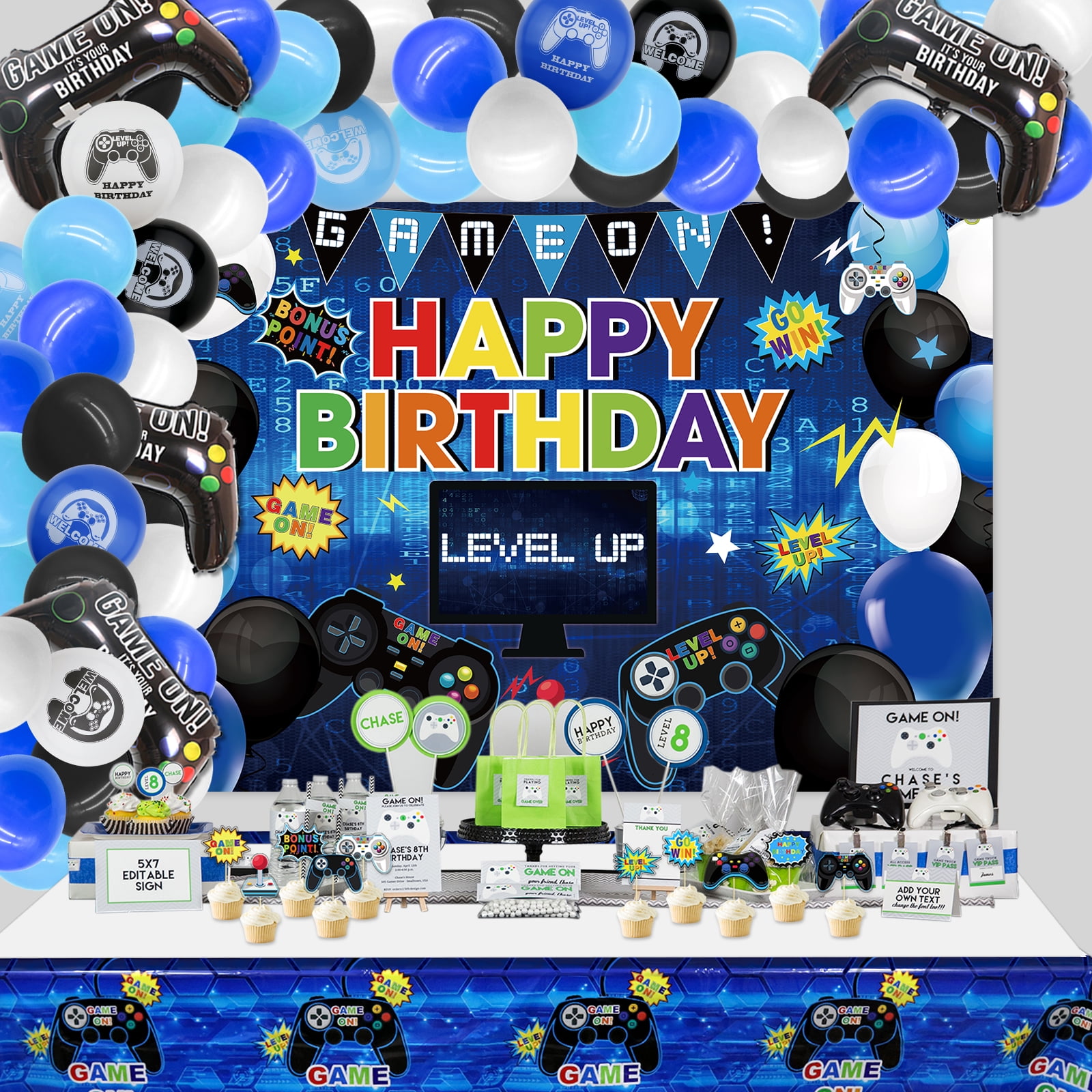 Video Game Happy Birthday Blue Decorations Set - Gaming Theme Happy Birthday Backdrop Tablecloth 82Pcs Balloons Garland Arch Kit for Kids and Gamer Birthday Party (Blue)
