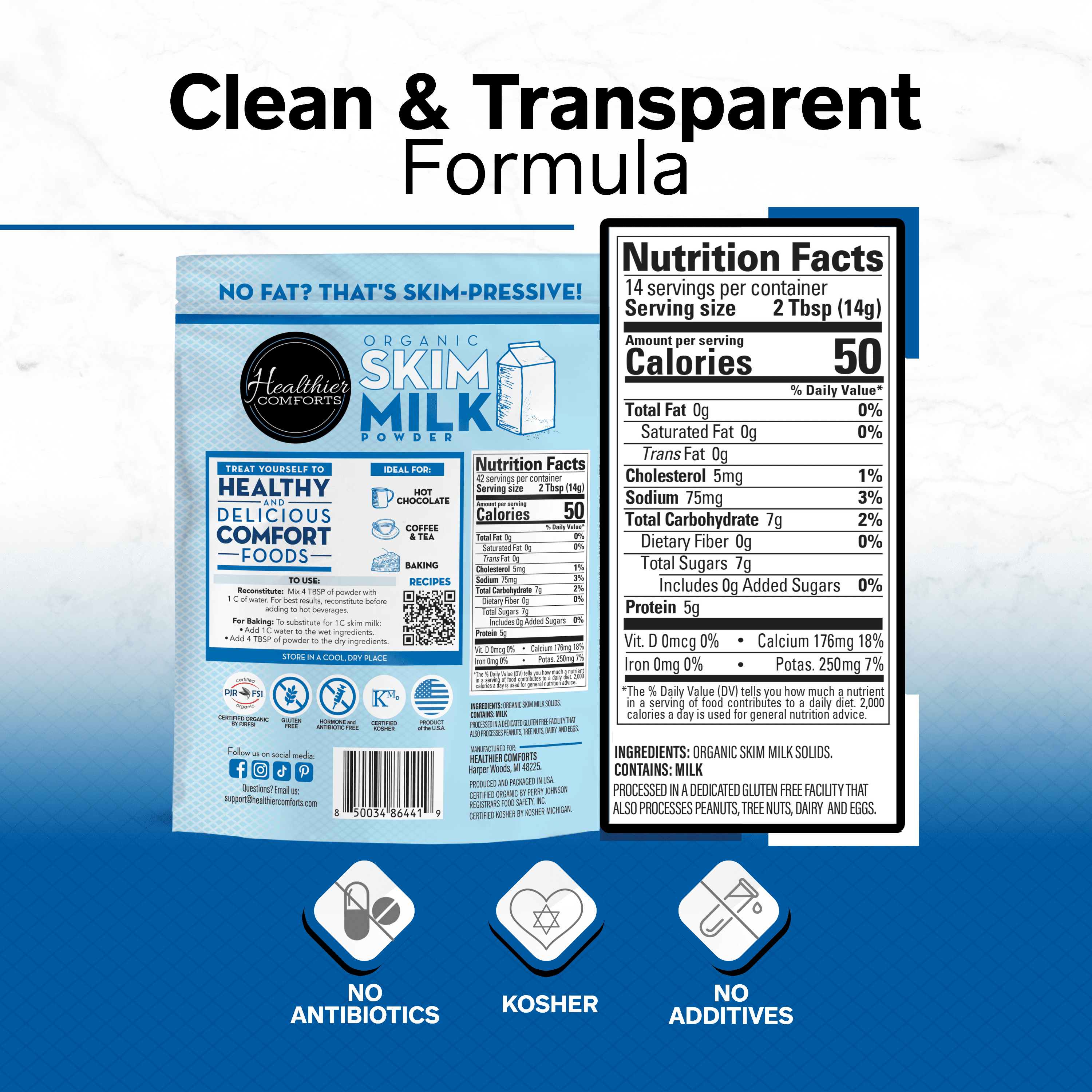 Healthier Comforts Organic Skim Milk Powder 21oz | Certified USDA Organic | Fat Free, Kosher, Gluten Free, Non-GMO, Shelf Stable | Perfect for Shakes, Smoothies, Coffee Creamer, Baking | Made in USA
