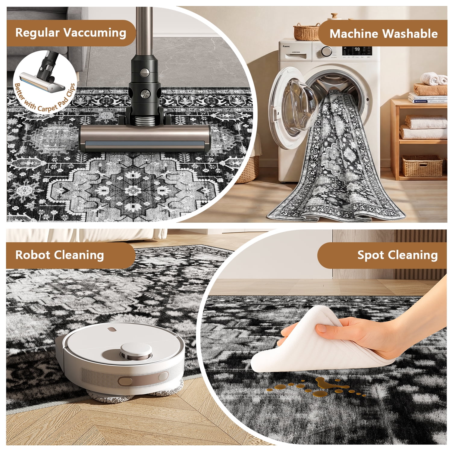 Area Rugs for Living Room, Quccifan 8'x10' Washable Vintage Boho Low Pile Non-Slip Soft Black Persian Distressed Carpet for Bedroom, Office
