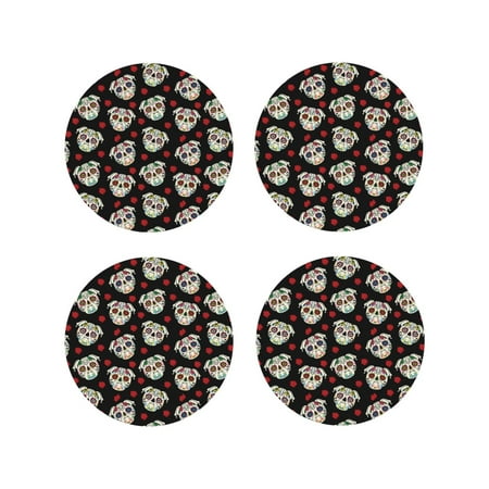 

Tebeau colorful Skull dog flower Print Set of 4 Leather Drink Coasters Round Cup Mat Pad for Home and Kitchen Use 4 -Round Shape