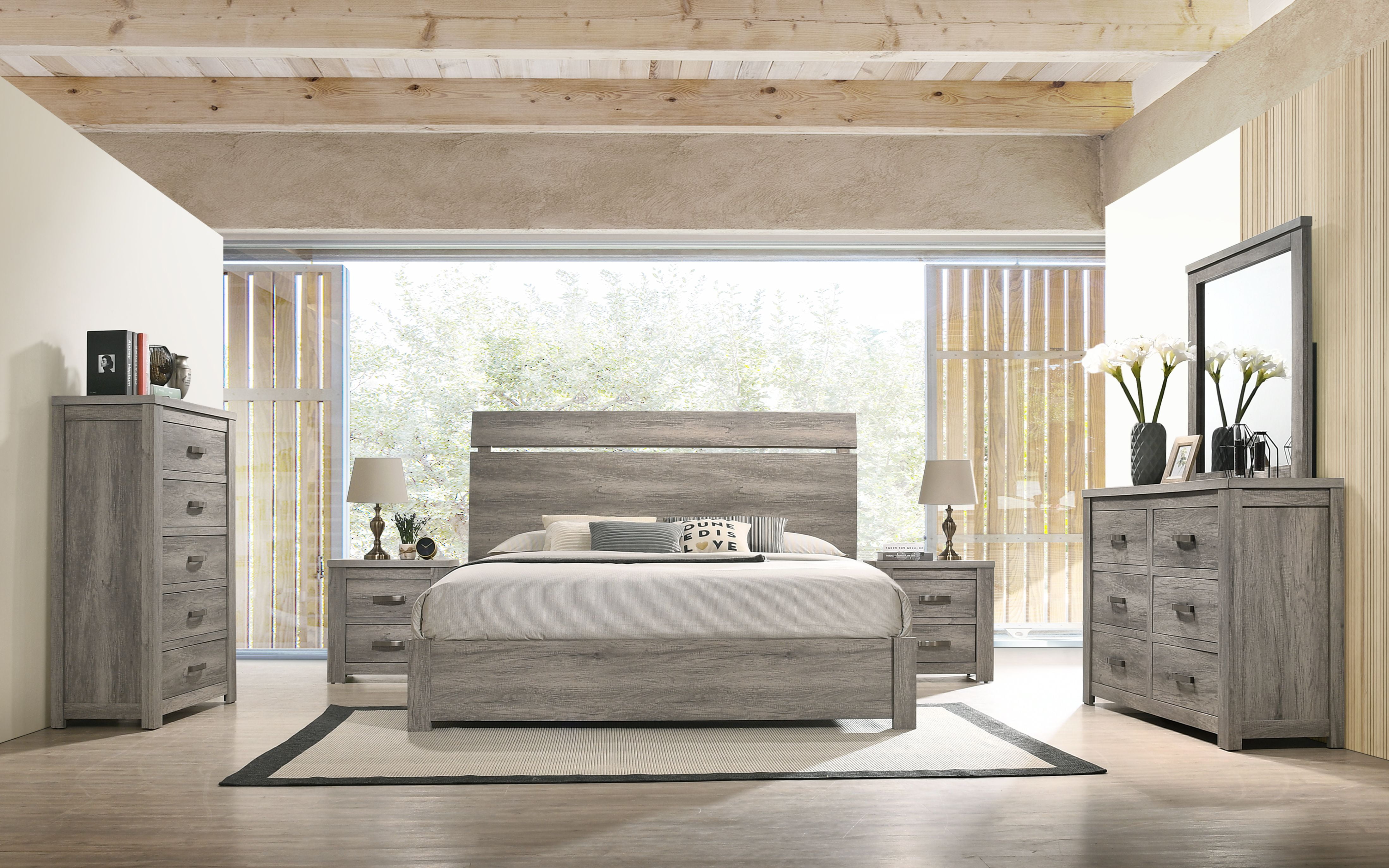 Floren Contemporary Weathered Gray Wood Bedroom Set, Queen Panel Bed