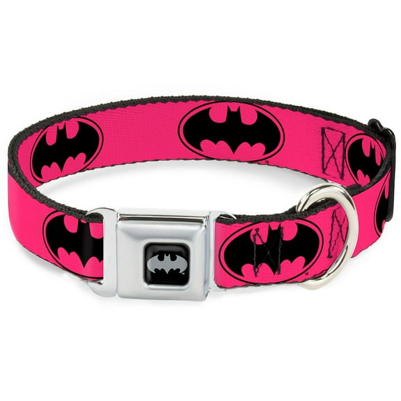 DC Comics Pet Collar, Dog Collar Metal Seatbelt Buckle, Bat Signal Fuchsia Black Fuchsia, 15 to 24 Inches 1.0 Inch Wide