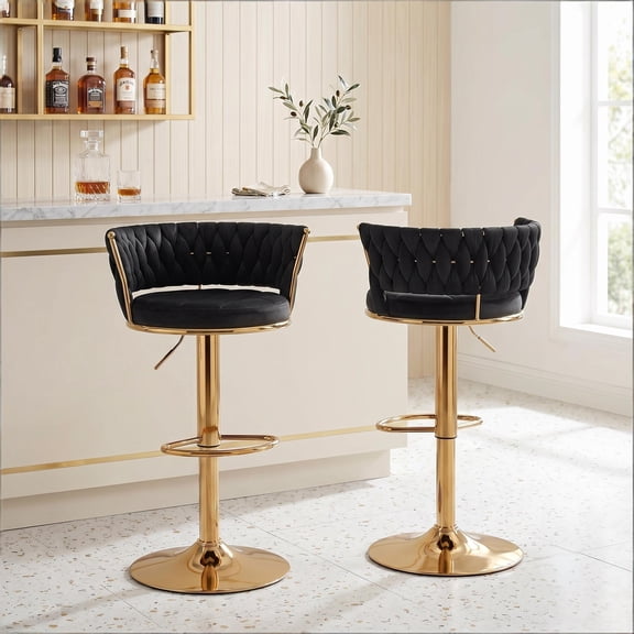 Howcool Velvet Swivel Bar Stools Set of 2 with Back and Arms, Adjustable Counter Height Kitchen Island Chairs with Gold Metal Legs & Base for Home Bar Dining Room