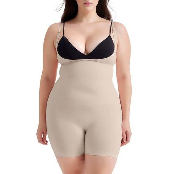 MANIFIQUE Plus Size Open-Bust Shapewear Tummy Control Mid-Thigh Bodysuit, High-Waist Thigh Slimmer, Shapewear for Women