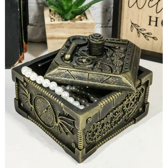 Ebros Steampunk Time Machine Mechanical Gears Design Lidded Jewelry Box Figurine