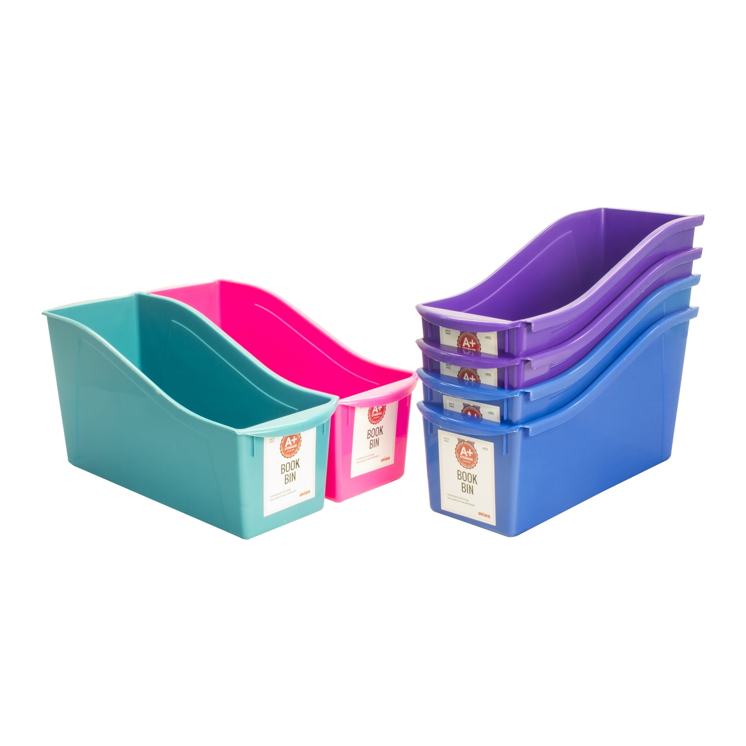 Storex Large Book Bin, Blue, Pink, Purple and Turquoise, 6Pack