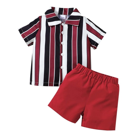 Kucnuzki 3T Toddler Boys Summer Outfit Set 4T Child Boy Clothes Set Short Sleeves Striped Print Shirt Top Button Top Solid Color Shorts Sets 2pcs Clothing Red