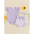 thumbnail image 3 of Musuos Baby Girls 3Pcs Summer Outfit 3 6 9 12 18Months Fly Sleeve Crew Neck Romper + Bow Front Shorts + Headband Set Cute Clothes, 3 of 10
