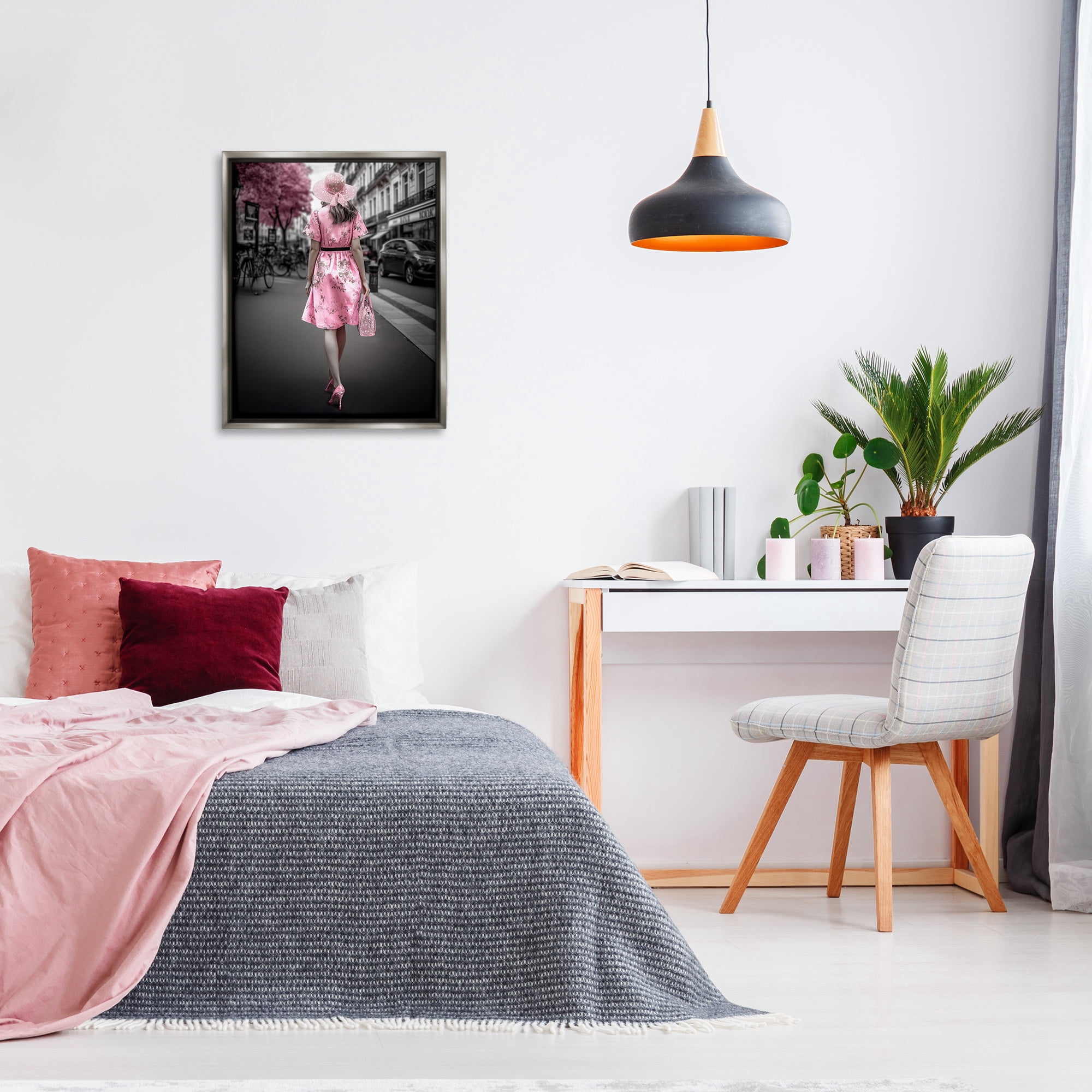 Stupell Industries Trendy Woman in City Travel & Places Painting Gray Floater Framed Canvas Art Print Wall Art, 25 x 31