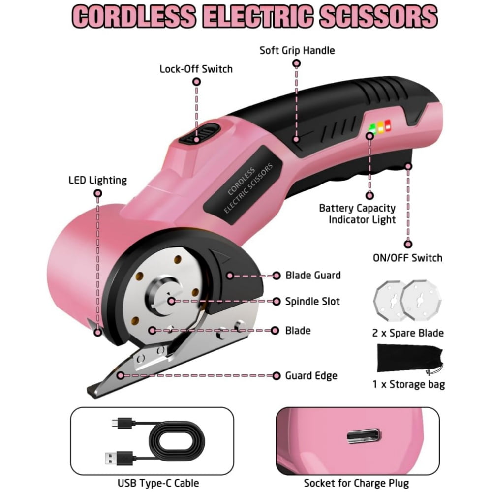 XMZHOU Cordless Electric Scissors Cardboard Box Cutter with LED Light ＆ Safety Lock Power Rotary Cutter for Fabric Carpet Leather, Pink