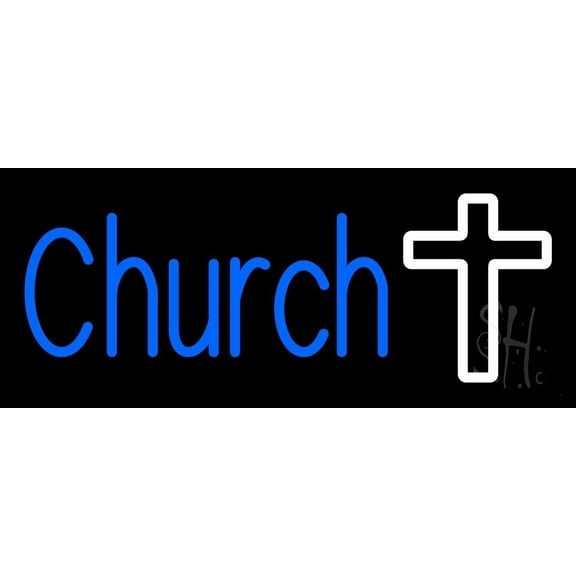 Blue Church With Cross LED Neon Sign 10" Tall x 24" Wide - inches Black Square Cut Acrylic Backing, with Dimmer - Premium built indoor Sign for Home décor, Event, Religious place, Store interior.