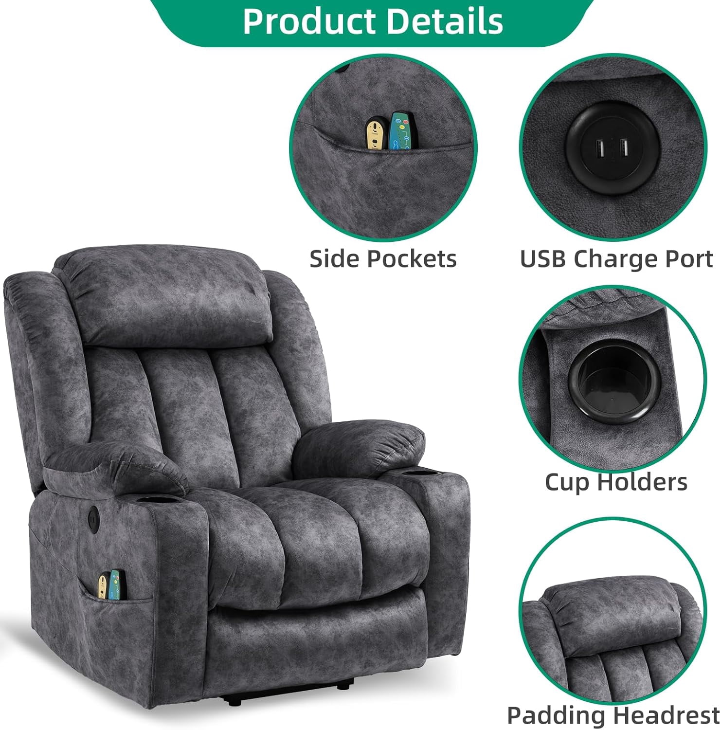 VIVIJASON Tall Man Large Power Lift Recliner Chair with Heat and Massage for Elderly, Overstuffed Wide Electric Lift Recliner w/Extended Footrest, 2 Cup Holder, USB Ports & Side Pockets, Fabric Grey