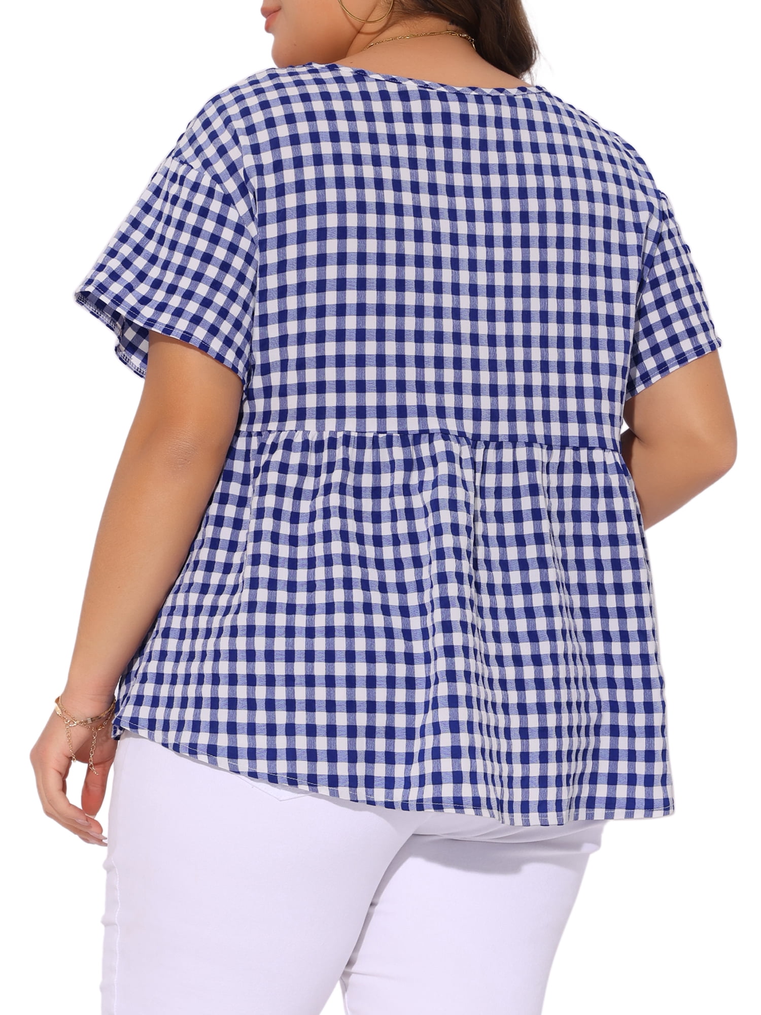 Women's Plus Gingham Tops Plaid Short Sleeve V Neck Summer Babydoll Top 4X Blue