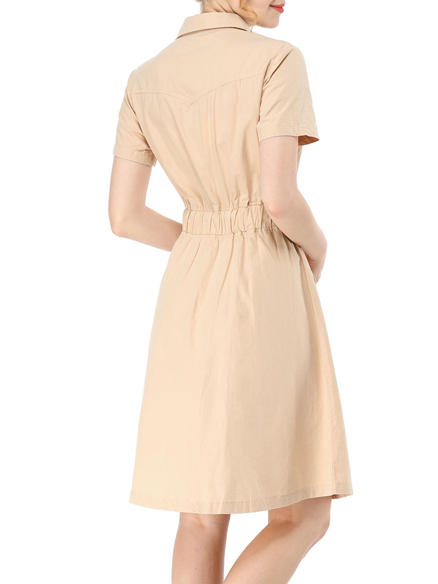 DARING DIVA Collar Elastic Waist Above Knee Dress with Pocket L Beige