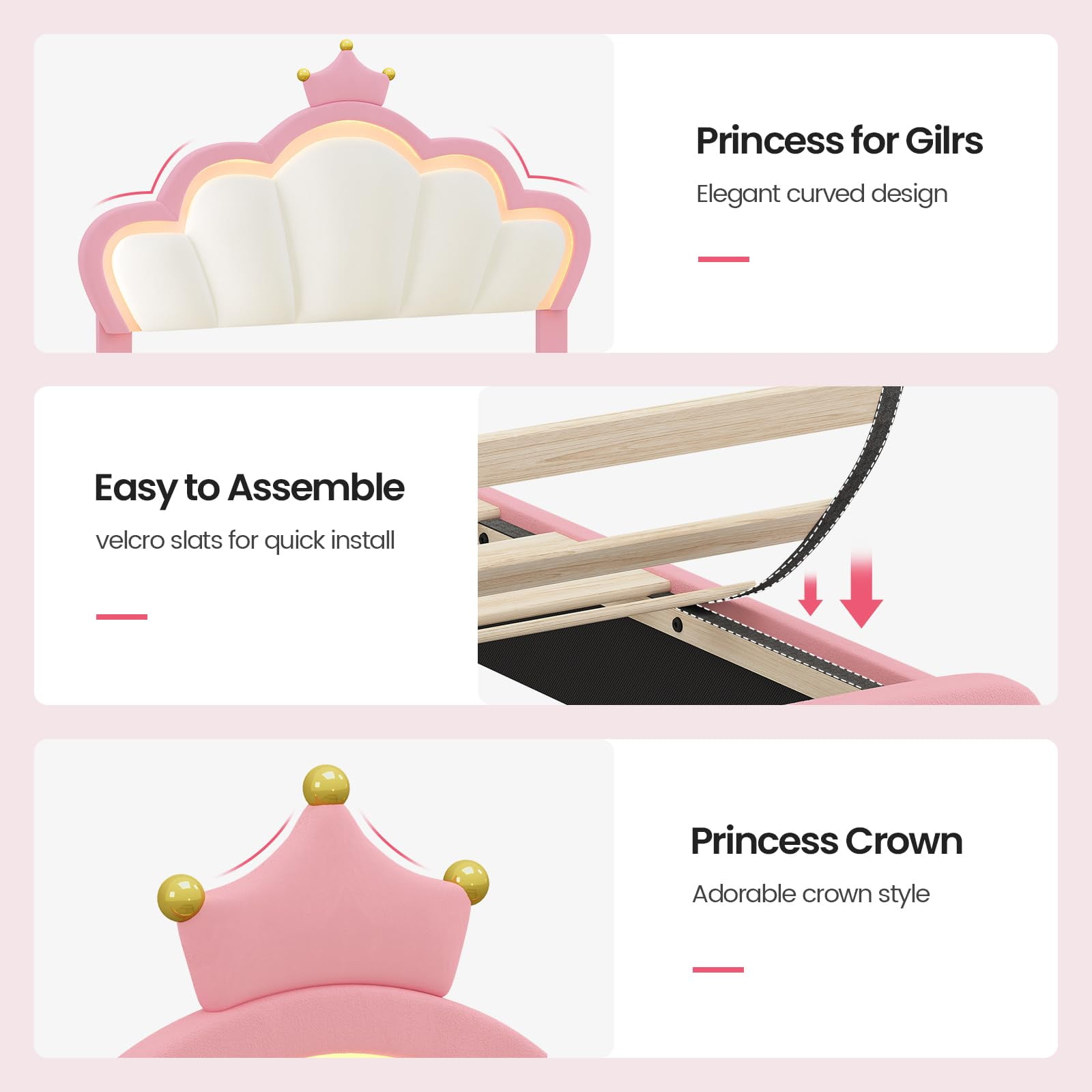 Afuhokles Twin Size Bed Frame with LED Lights and Princess Crown, LED Velvet Upholstered Platform Bed Frame with Adjustable Headboard, Pink