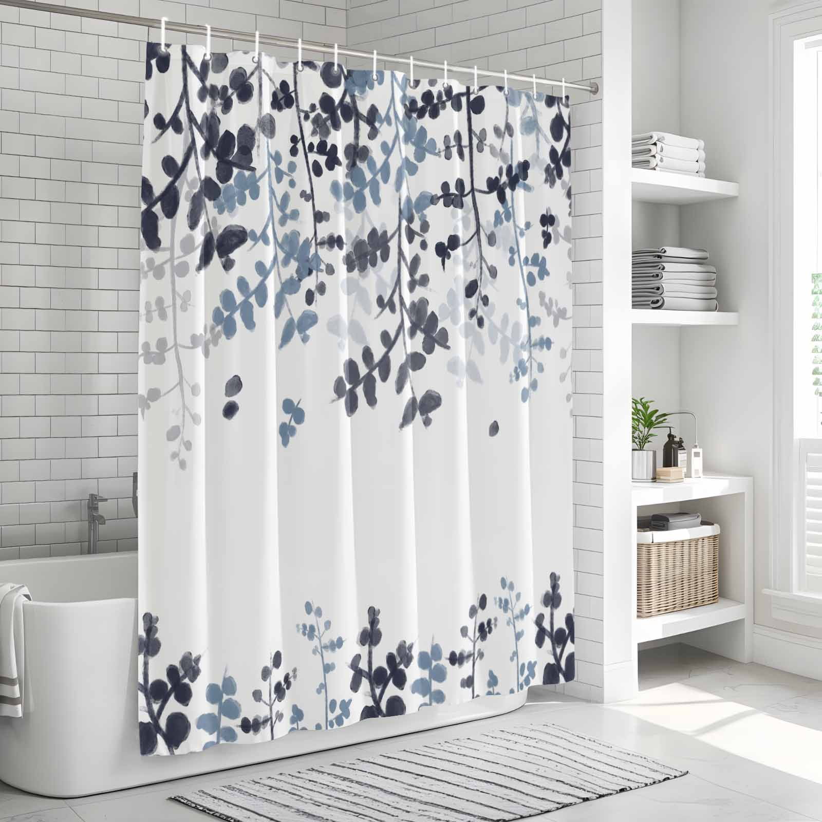 Navy Blue Leaves Shower Curtain, Waterproof Shower Curtains for Bathroom, Summer Botanical Washable Fabric Bathtub Curtain Set Bath Decor with 12 Hooks 48"x72"