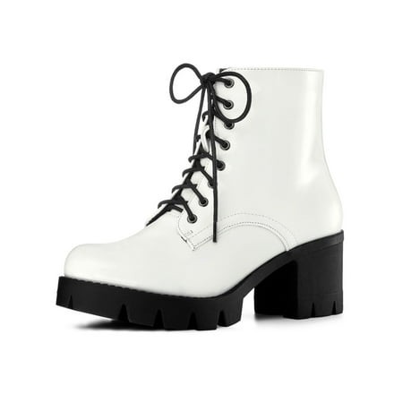 Women's Zipper Platform Chunky Heel Combat Boots White (Size 8)