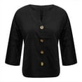 thumbnail image 4 of Oversized Tshirts for Women, Long Sleeve 3/4 Sleeve Cotton Linen Button Down V Neck Casual Blouse, Black XL, 4 of 5