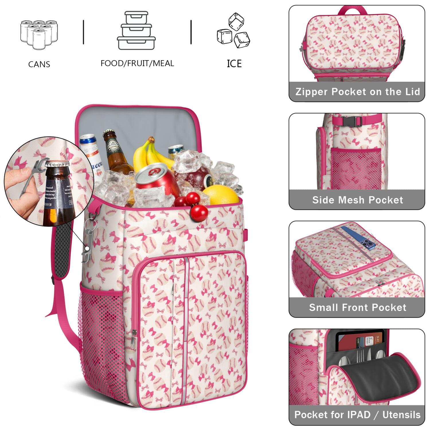 Travel Cooler Bag - Pink Bows and Baseballs Pattern Camping Beer Cooler Backpack with Bottle Opener- Waterproof Insulated Picnic Backpacks - Cooler Bag for Beach